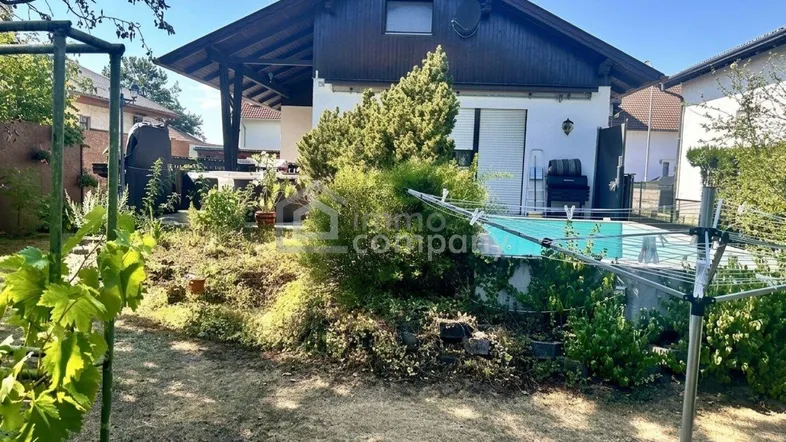 Großzügiger Gartenbereich mit Pool und viel Grün, umgeben von Bäumen und Sträuchern.