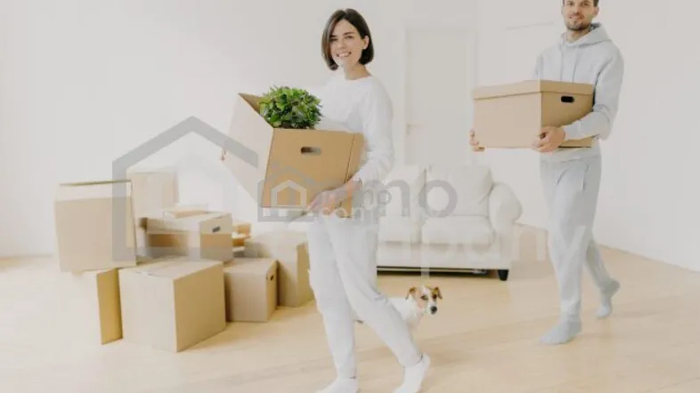 Ein Paar zieht mit Umzugskartons und einem Hund in ein neues, helles Wohnzimmer ein.