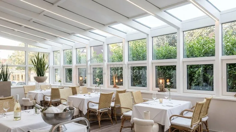 Heller Speisesaal mit großen Fenstern, die viel Tageslicht hereinlassen und eine grüne Aussicht bieten.