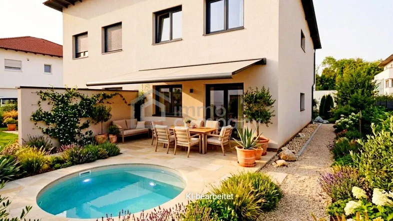 Modernes Haus mit kleinem Pool, gepflasterter Terrasse und liebevoll angelegtem Gartenbereich.