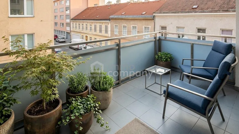 Möblierter Balkon mit Pflanzen und einem Ausblick auf die umliegenden Gebäude.
