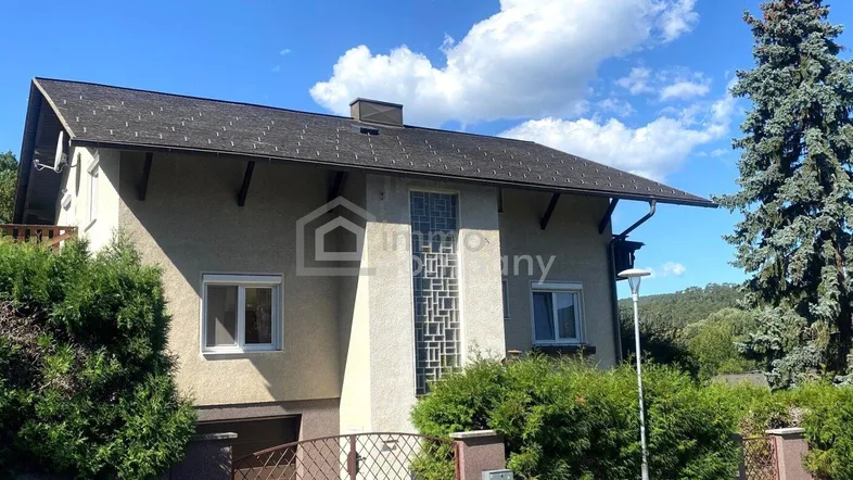 Einfamilienhaus mit Satteldach und gepflegter Fassade in grüner Umgebung.