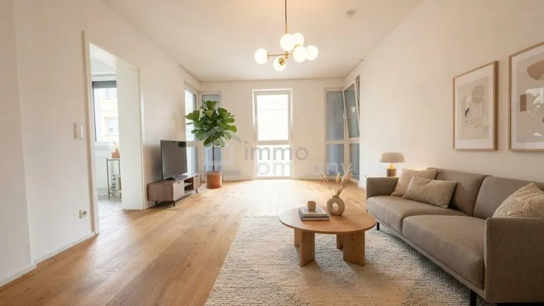 Helles Wohnzimmer mit Holzboden, moderner Einrichtung und Zugang zu einem Balkon.