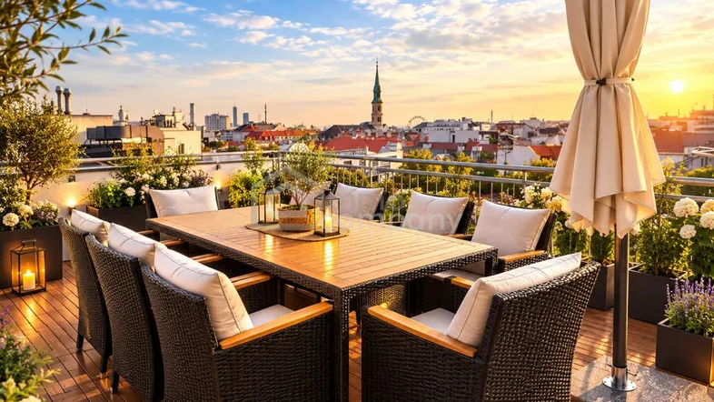 Geräumige Dachterrasse mit Esstisch, bequemen Sitzgelegenheiten und weitem Blick über die Stadt bei Sonnenuntergang.
