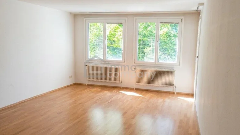 Helles, leeres Zimmer mit Parkettboden und zwei großen Fenstern, die viel Tageslicht hereinlassen.