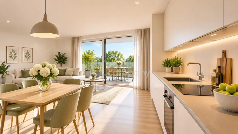 Heller, offener Wohn- und Essbereich mit moderner Küche und Zugang zu einem möblierten Balkon.
