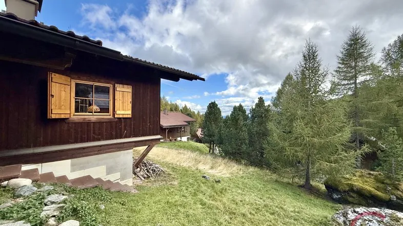 Traditionelles Holzhaus mit braunen Fensterläden und grüner Wiese unter bewölktem Himmel.