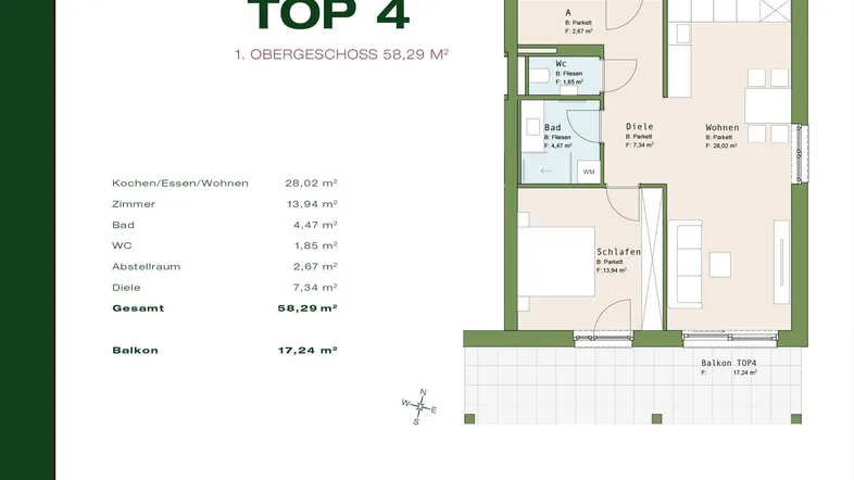 Grundriss der Wohnung TOP 4 im Obergeschoss mit 58,29 m² und Balkon.
