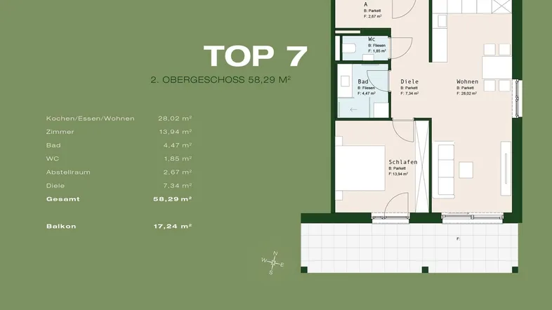 Grundriss der Wohnung TOP 7 im 2. Obergeschoss mit 58,29 m² Wohnfläche und Balkon.