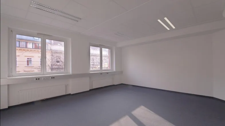 Heller, geräumiger Büroraum mit großen Fenstern, Teppichboden und moderner Deckenbeleuchtung.