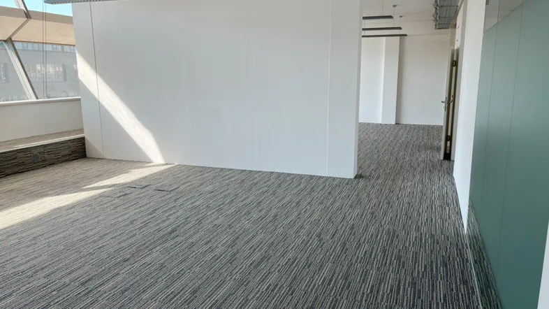 Geräumiger, heller Büroraum mit Teppichboden und großen Fenstern, ideal für offene Arbeitsbereiche.