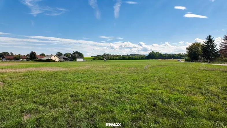 Weitläufiges grünes Grundstück mit ländlicher Umgebung und vereinzelten Häusern im Hintergrund unter blauem Himmel.