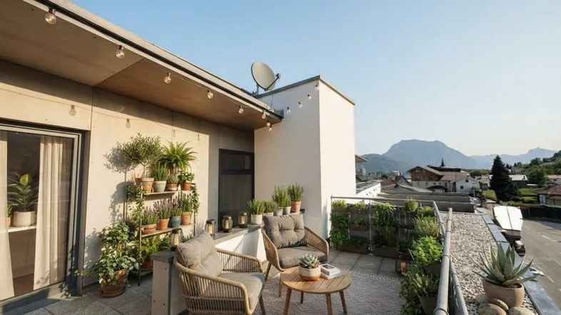 Geräumige Dachterrasse mit gemütlichen Sitzgelegenheiten, vielen Pflanzen und weitem Bergblick.
