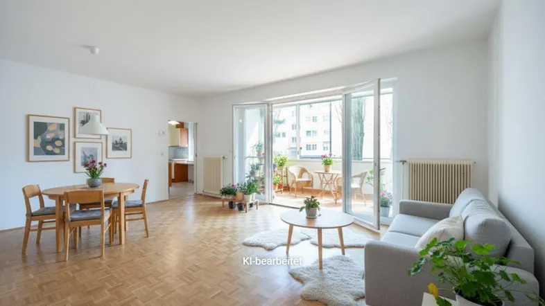 Heller, offener Wohn- und Essbereich mit Parkettboden, modernen Möbeln und direktem Zugang zu einem möblierten Balkon.