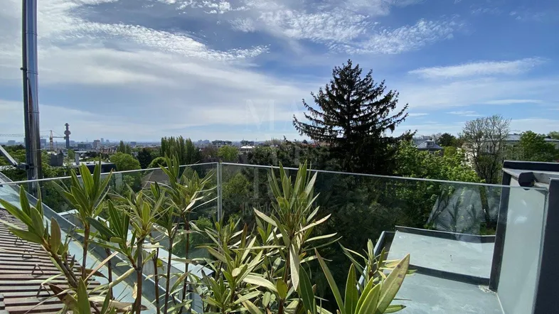 Dachterrasse mit Glasgeländer, Pflanzen und weitem Blick über die Stadt und grüne Umgebung.
