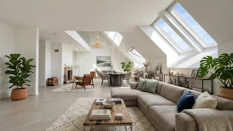 Heller, offener Wohn- und Essbereich mit Dachfenstern, Kamin und modernem Interieur.