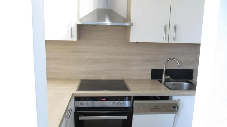 Moderne Einbauküche mit hellen Schränken, Induktionskochfeld und integriertem Geschirrspüler.