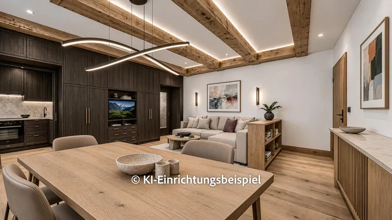 Modernes Wohn-Esszimmer mit Holzbalken, integrierter Küche und stilvoller Beleuchtung.