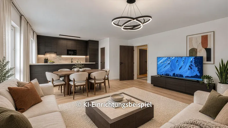 Modernes offenes Wohnzimmer mit Essbereich und integrierter Küche, hell und stilvoll eingerichtet.