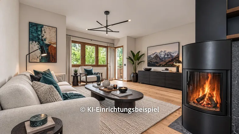 Modernes Wohnzimmer mit Kamin, Holzboden und Blick auf die Berge im Fernsehen.