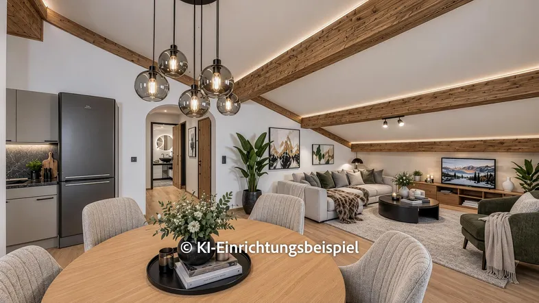 Modernes Wohn-Esszimmer mit Holzbalken, offener Küche und gemütlicher Sitzecke.
