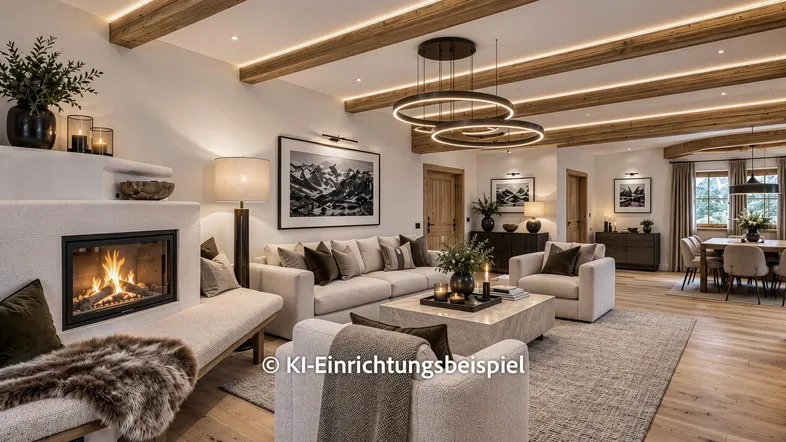 Gemütliches Wohnzimmer mit Kamin, Holzbalkendecke und offenem Essbereich im modernen alpinen Stil.