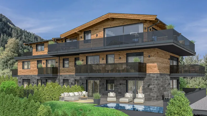 Moderne Architektur mit Holzfassade, Steinverkleidung, Pool und gemütlicher Außenterrasse mit Bergblick.