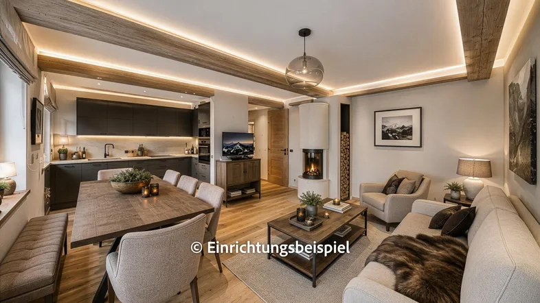 Gemütlicher offener Wohn- und Essbereich mit Holzbalken, Kamin und moderner Küche im alpinen Stil.