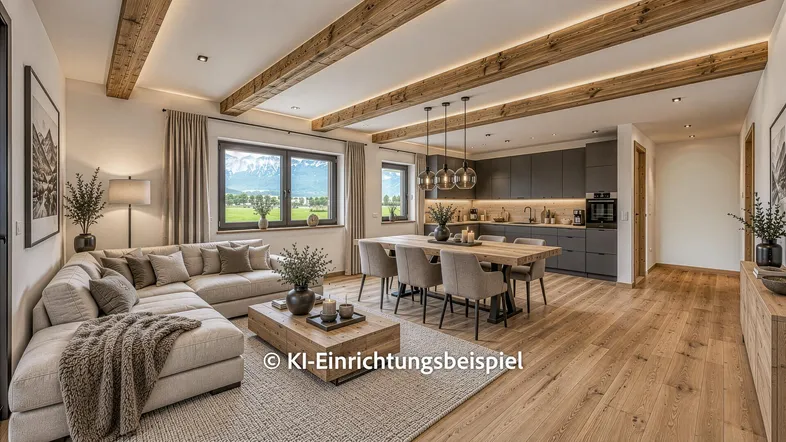 Modernes Wohn-Esszimmer mit offener Küche, Holzbalken und Bergblick, als Einrichtungsvorschlag dargestellt.