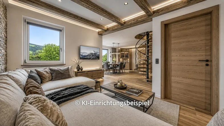 Modernes Wohn- und Esszimmer mit Holzbalkendecke, Bergblick und eleganter Wendeltreppe.