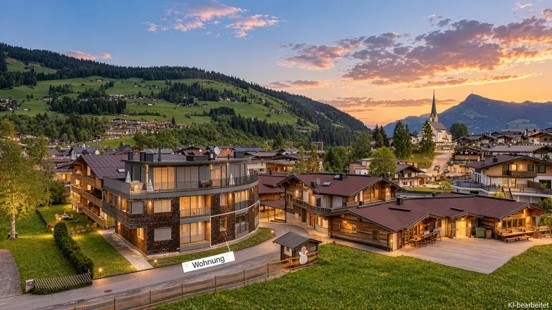 Panoramablick auf die moderne Wohnanlage in alpiner Umgebung bei Sonnenuntergang mit beleuchteten Gebäuden.