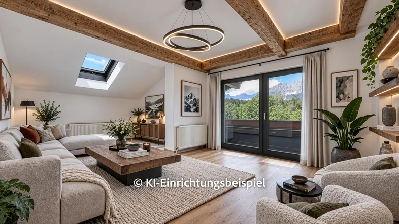 Modernes Wohnzimmer mit Holzbalken, gemütlicher Sitzecke und Bergblick durch große Fenster.
