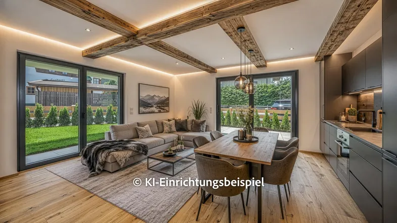 Modernes Wohn-Esszimmer mit Holzbalken, integrierter Küche und Zugang zum Garten.