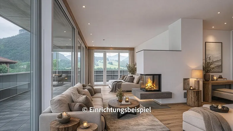 Geräumiges Wohnzimmer mit modernem Kamin, großen Fensterfronten und Zugang zur Terrasse mit Bergblick.