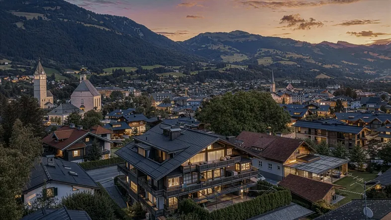 Panoramablick auf eine charmante Stadt in den Bergen bei Sonnenuntergang, mit traditioneller Architektur und beleuchteten Häusern.