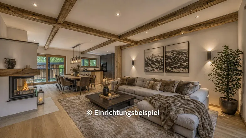 Gemütlicher Wohn-Essbereich mit Kamin, Holzbalken und Blick ins Grüne, als Einrichtungsbeispiel dargestellt.