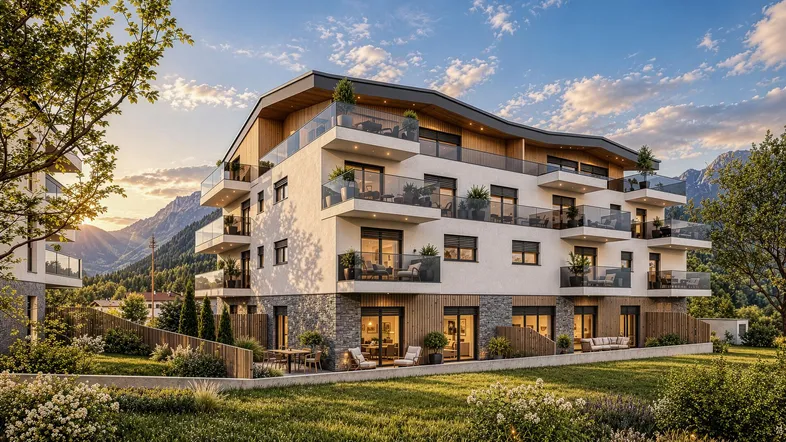 Moderne Wohnanlage mit Balkonen und Terrassen, umgeben von grüner Landschaft und Bergen.