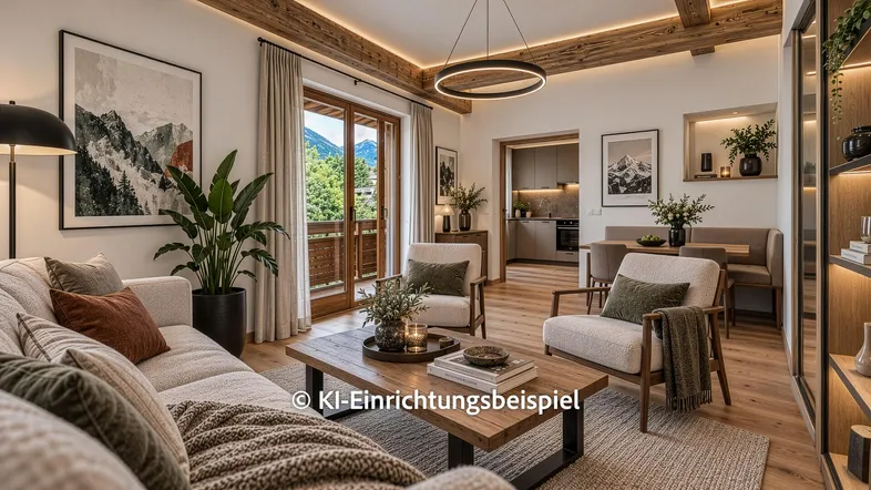 Modernes Wohnzimmer mit Holzbalkendecke, Balkonzugang und Bergblick, offen zum Essbereich und zur Küche.