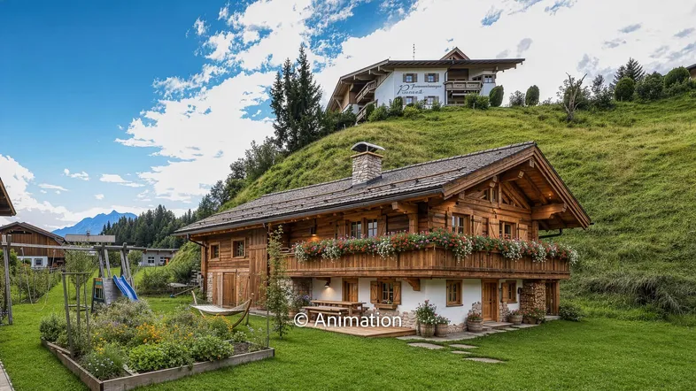 Traditionelles Holzhaus im alpinen Stil mit gepflegtem Garten, Spielplatz und Bergblick.