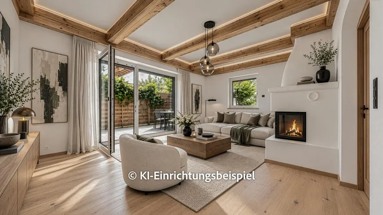Modernes Wohnzimmer mit Holzbalken, Kamin und direktem Zugang zur möblierten Terrasse.