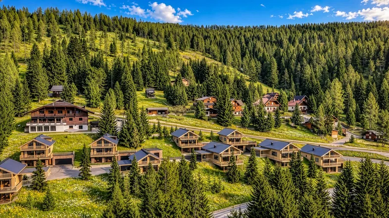 Malerisches Bergdorf mit zahlreichen Holzchalets, umgeben von dichten Wäldern unter blauem Himmel.
