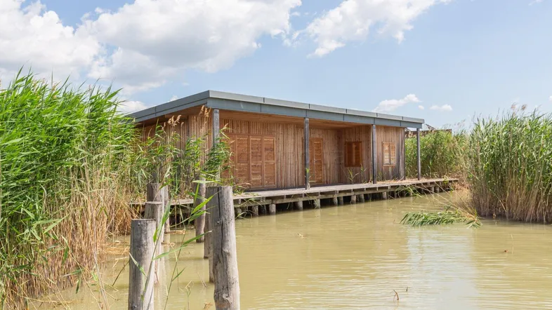 Modernes Holzhaus am Wasser, umgeben von Schilf, mit einer Holzterrasse unter blauem Himmel.