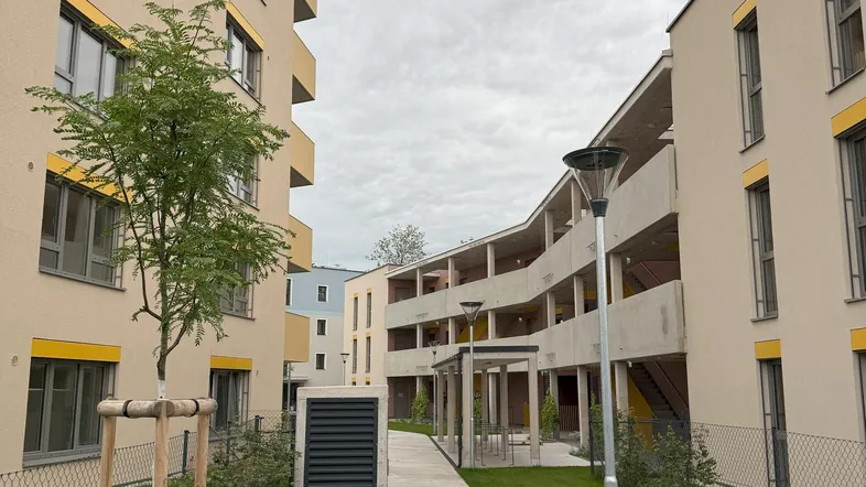 Moderner Neubaukomplex mit gepflegten Grünflächen und Gehwegen unter bewölktem Himmel.