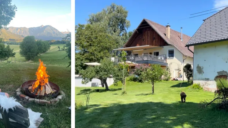 Großer Gartenbereich mit Feuerstelle und Bergblick, neben einem charmanten Landhaus.
