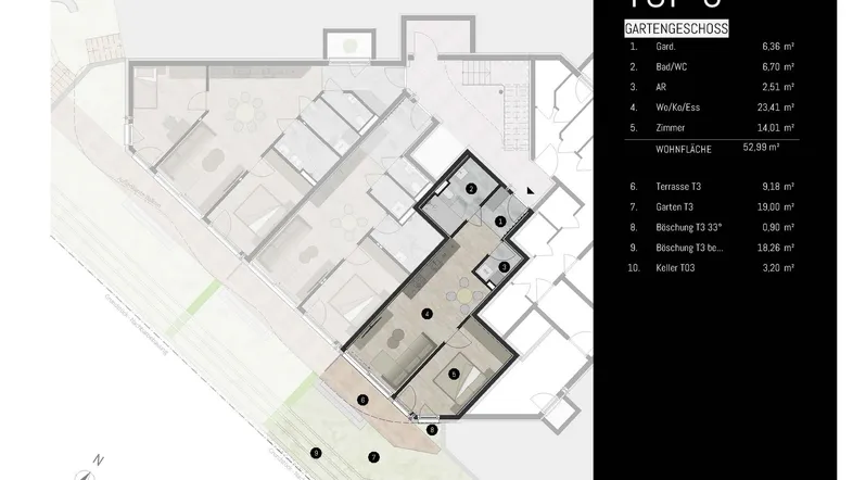Grundriss des Gartengeschosses mit Wohnfläche, Garten und Terrasse.