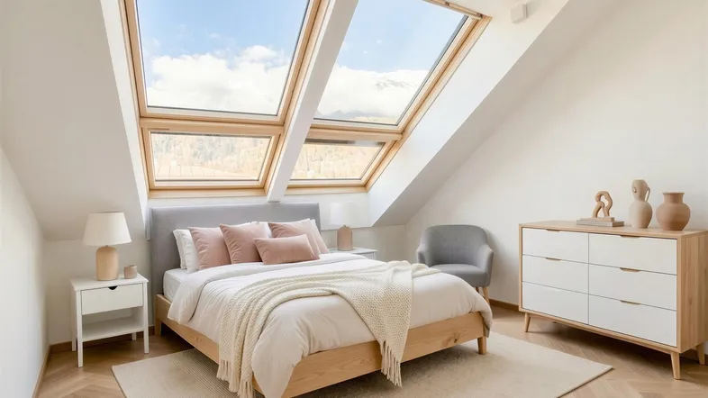 Helles Schlafzimmer im Dachgeschoss mit großen Dachfenstern und modernem Interieur.