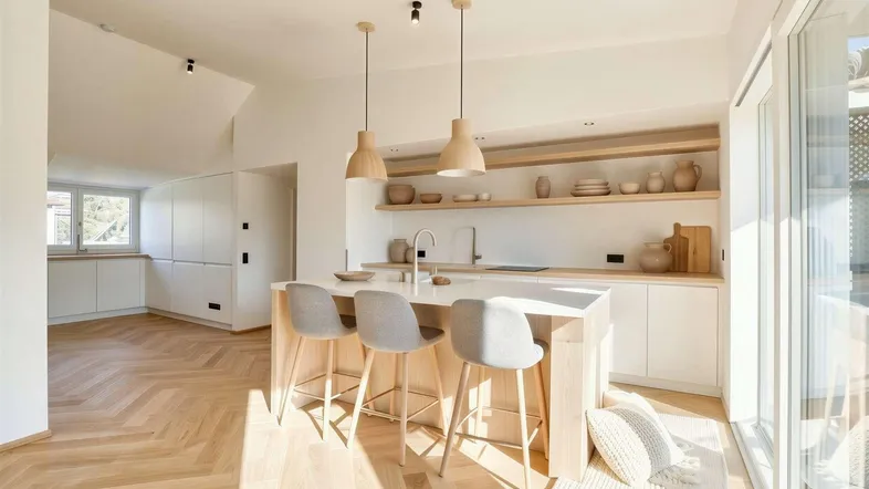 Helle, moderne Küche mit Kochinsel, Holzboden und Zugang zum Balkon, ideal für offenes Wohnen.