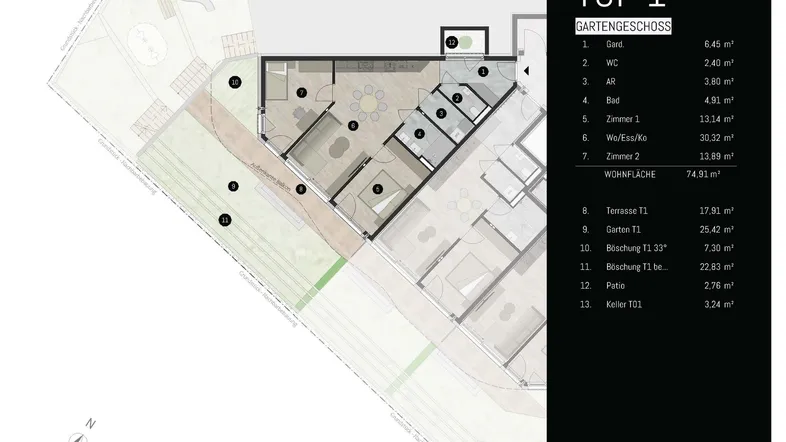 Detaillierter Grundriss des Gartengeschosses mit Wohnbereich, Schlafzimmern und direktem Zugang zur Terrasse.