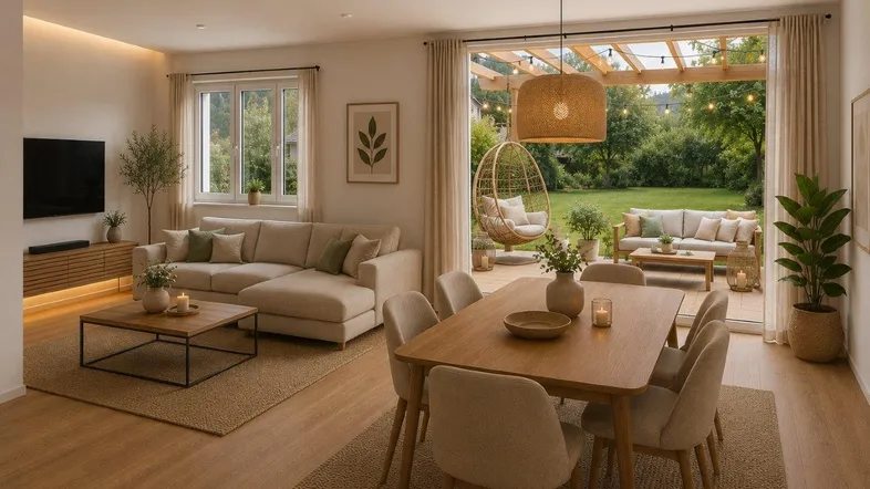 Helles Wohn- und Esszimmer mit Holzboden und direktem Zugang zur möblierten Terrasse und Garten.