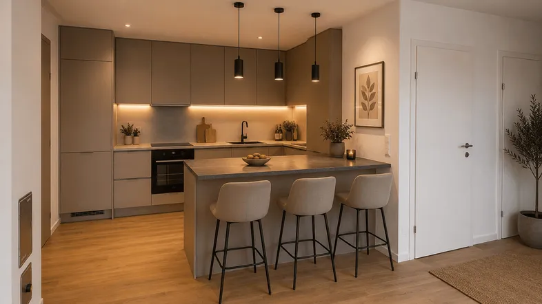 Moderne Küche mit Kücheninsel, integrierten Geräten und stilvoller Beleuchtung, ideal für geselliges Kochen.
